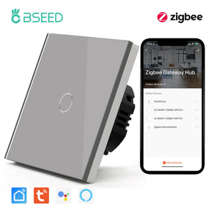 BSEED Zigbee 1/2/3 Gang 1 Way Smart Switch Single Live LED Buttons Glass Panel Work With Google Home EU Touch Switch Smart Life