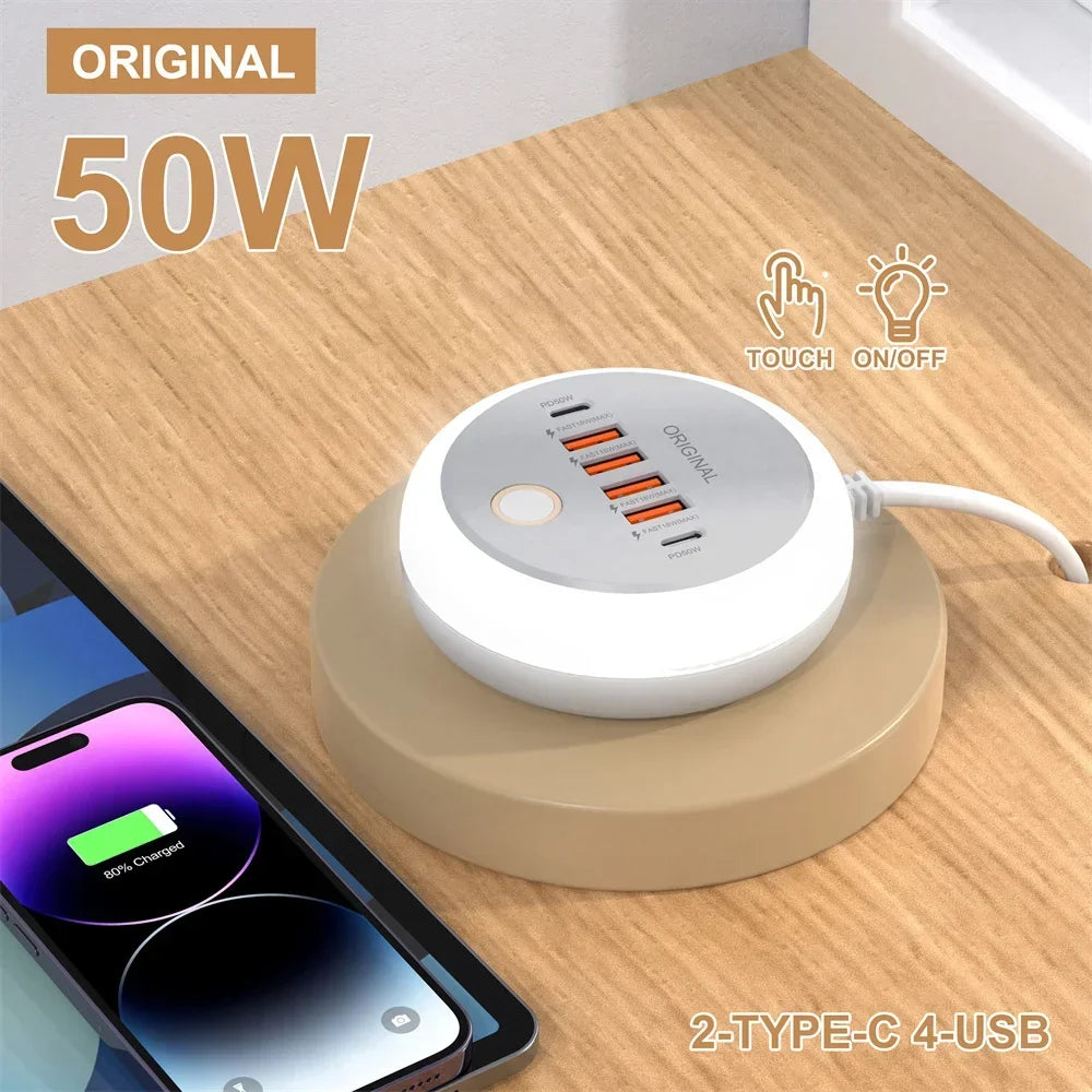 PD 50W Multi Port Charger Type C Fast Charging EU US Plug Wall Charger 6 Port USB Quick Phone Charger With Touch LED/ Fill Light