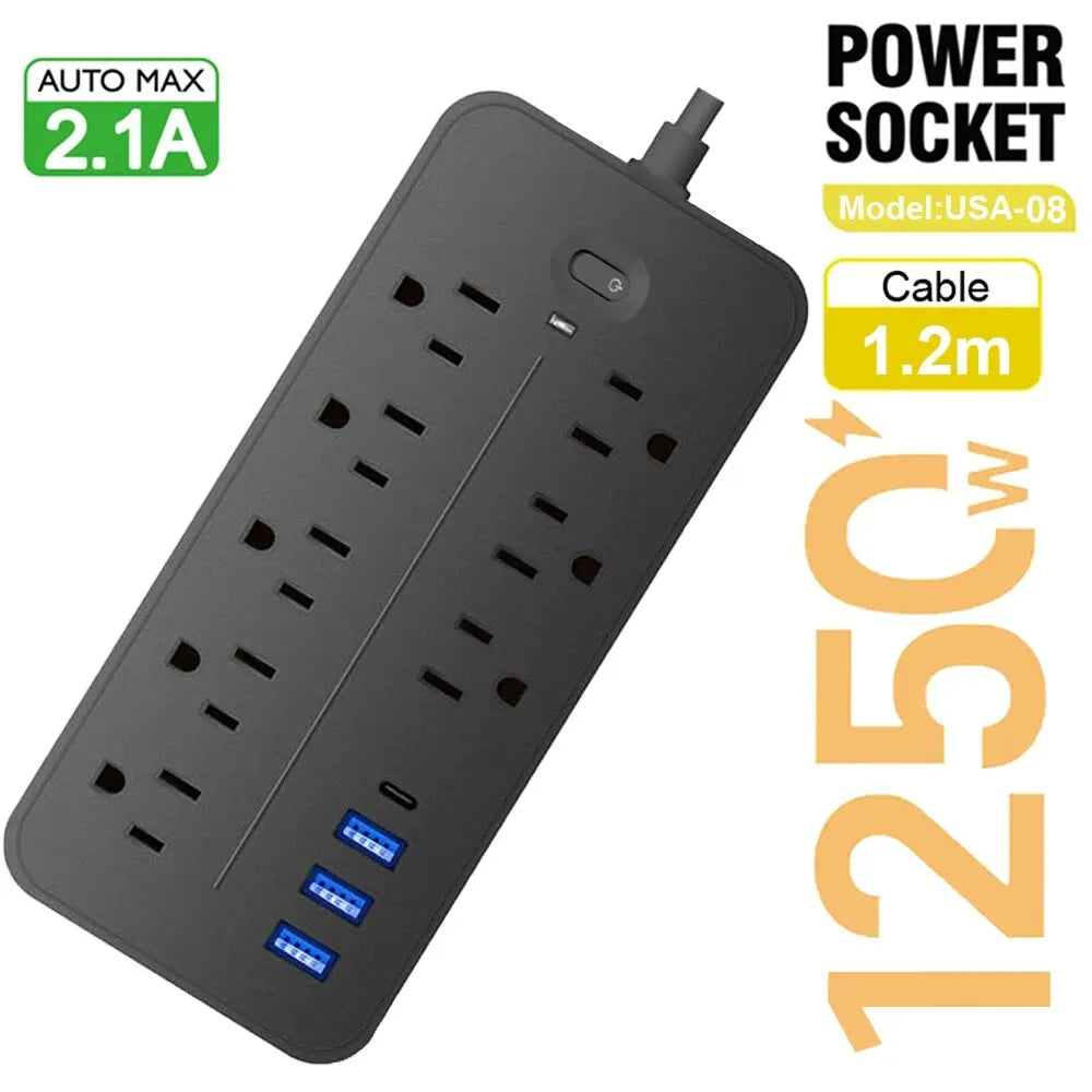 US Plug AC Outlets Power Strip Multitap Socket Extension Cord Electrical With USB Type C Fast Charging Network Filter Adapter