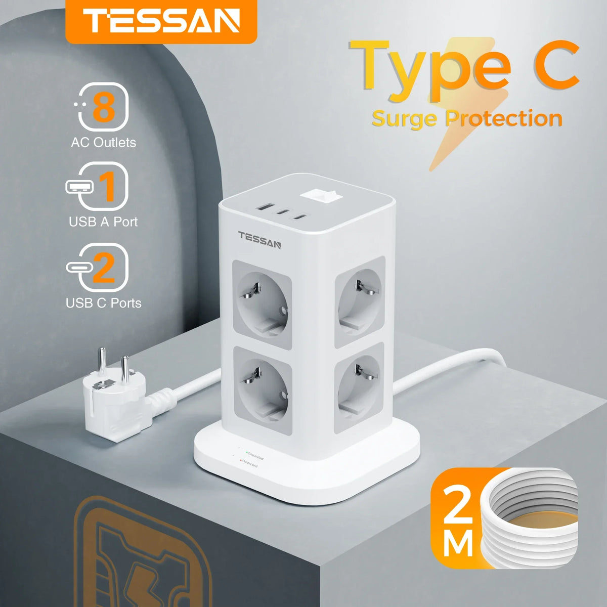 TESSAN Multiple Socket Power Strip with 8 Outlet +1 USB +2 Type C Vertical Tower Socket with 2M Extension Cord Surge Protection