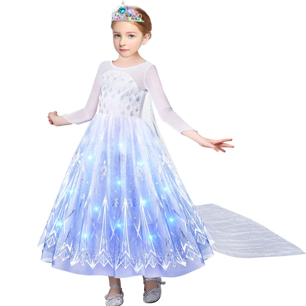 Disney 2024 Halloween Carnival Frozen Little Girls Princess Dress Snow Queen Fantasy Cosplay White Dress Elsa LED Strip Costume