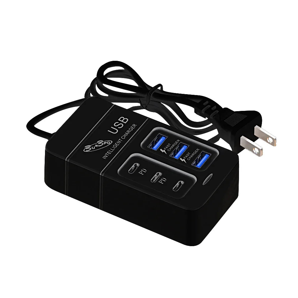 35W USB Power Strip Charger Multi Ports Fast Charging Adapter for Mobile Phone EU/US UK Plug with Type C for Quick Charging
