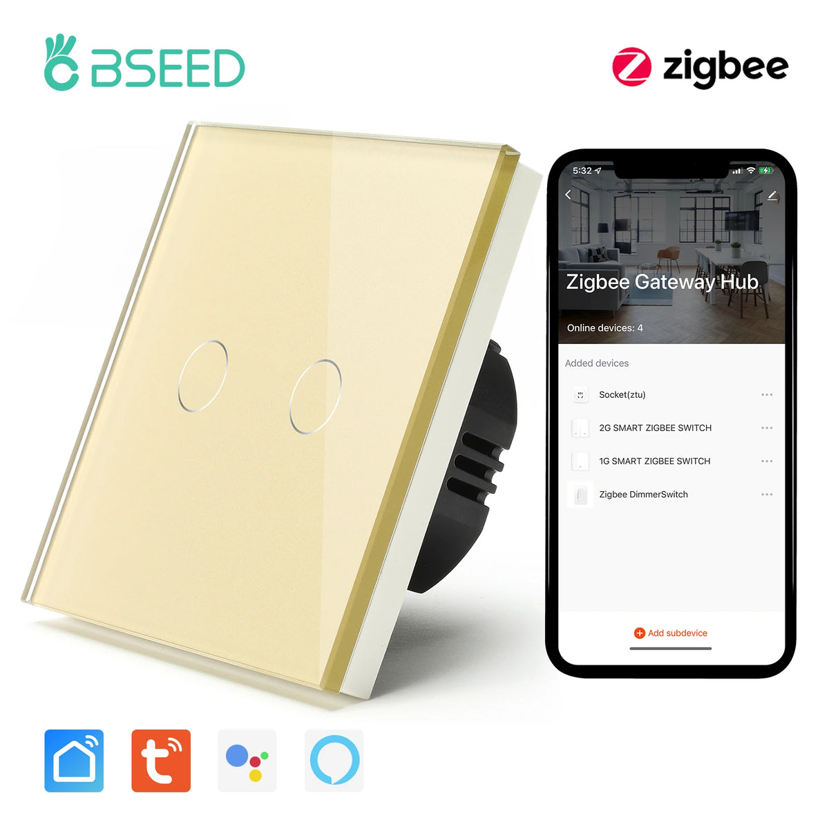 BSEED Zigbee 1/2/3 Gang 1 Way Smart Switch Single Live LED Buttons Glass Panel Work With Google Home EU Touch Switch Smart Life