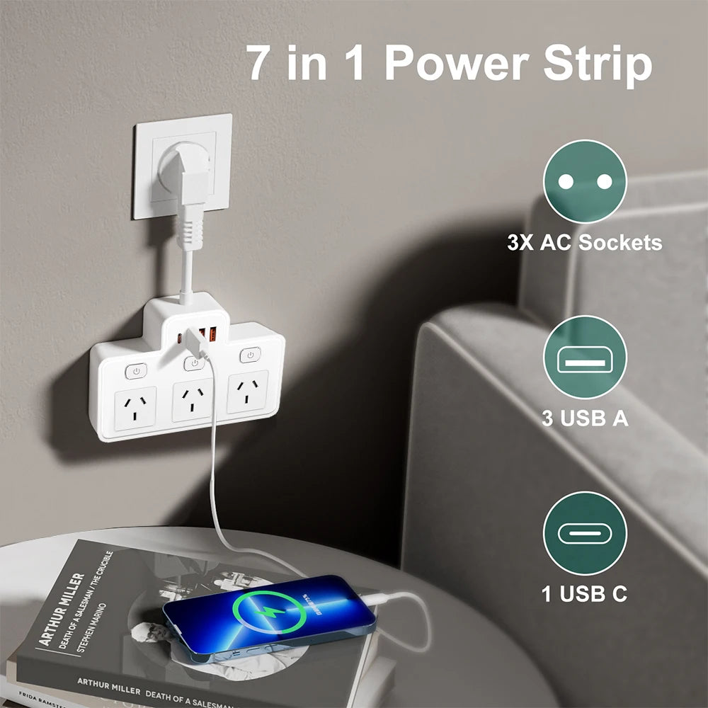 AU Plug Power Strip Wall Mounted Independent Switch Power Socket With 3 USB Ports 1 Type C Ports Charging Network Filter Adapter