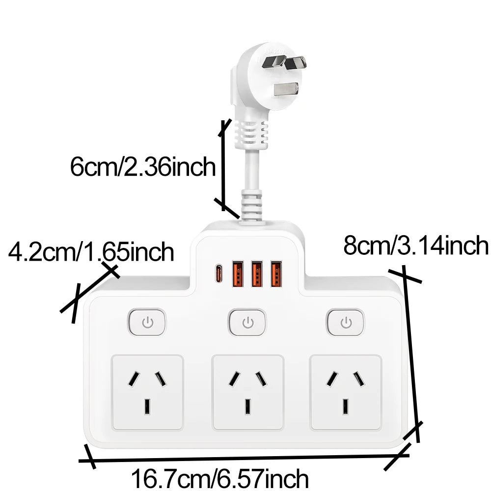 AU Plug Power Strip Wall Mounted Independent Switch Power Socket With 3 USB Ports 1 Type C Ports Charging Network Filter Adapter
