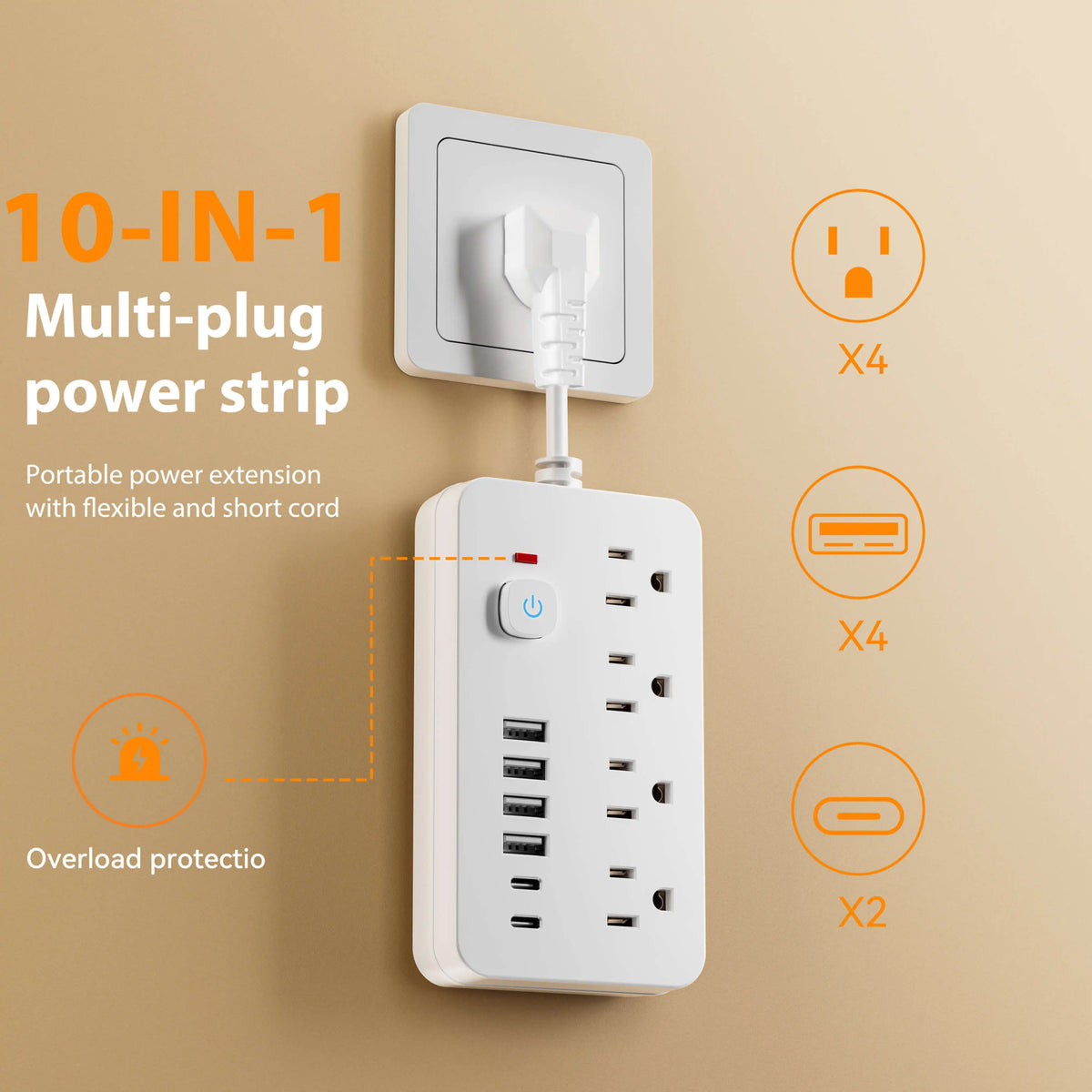 10-in-1 US Power Outlet, Power Outlet Surge Protector, 4 AC Outlets, 4 USB 2 Type-C, Desktop Charging Station with Overload Prot