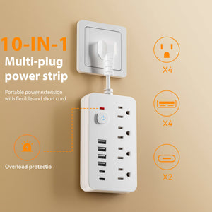 10-in-1 US Power Outlet, Power Outlet Surge Protector, 4 AC Outlets, 4 USB 2 Type-C, Desktop Charging Station with Overload Prot