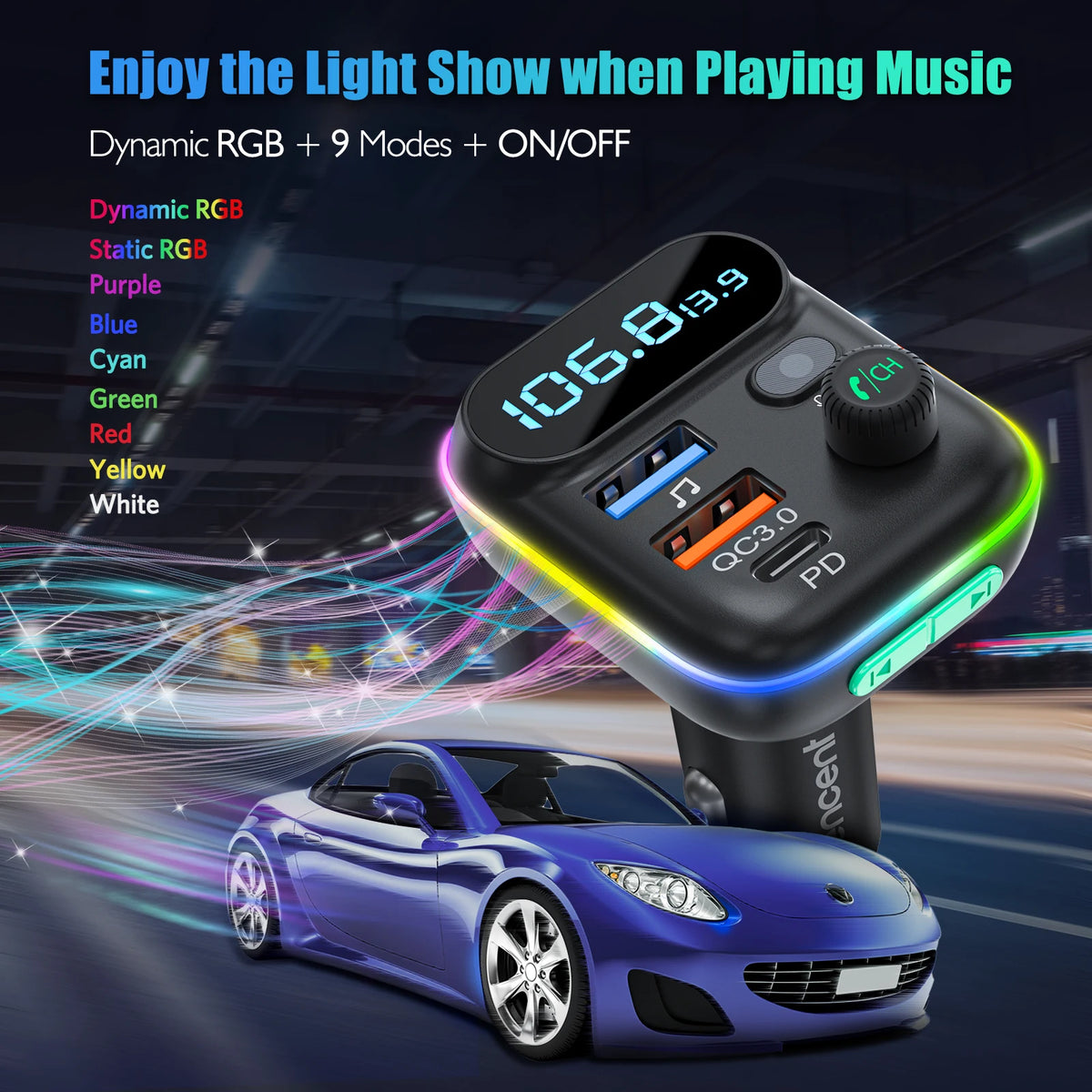 LENCENT FM Transmitter Wireless Bluetooth 5.0 Radio Car Kit  with Type-C PD + QC3.0 Fast USB Charger Mp3 Player Receiver Hi Fi