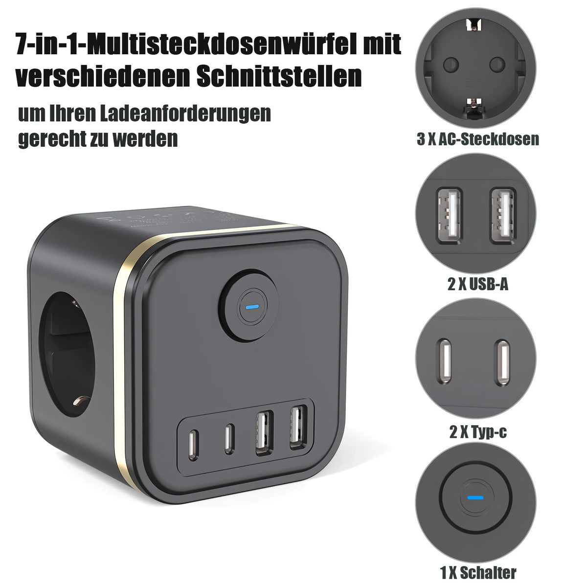 European plug wall socket power strip with 3 AC outlets, 2 USB and 2 Type-C ports fast charging extender with indicator switch
