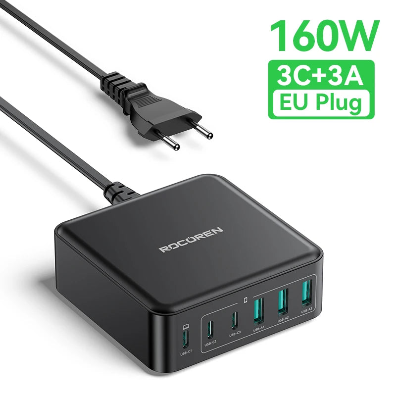 Rocoren Portable 160W GaN USB Type C Desktop Charger 6 Ports Fast Charging Power Station Type C Charger for iPhone 16 15 MacBook