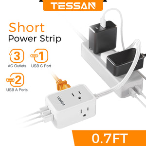 TESSAN Ultra Thin Extension Cord Power Strip with 3 USB 4 AC Adapter Mini Charging Station for Cruise Travel Office School