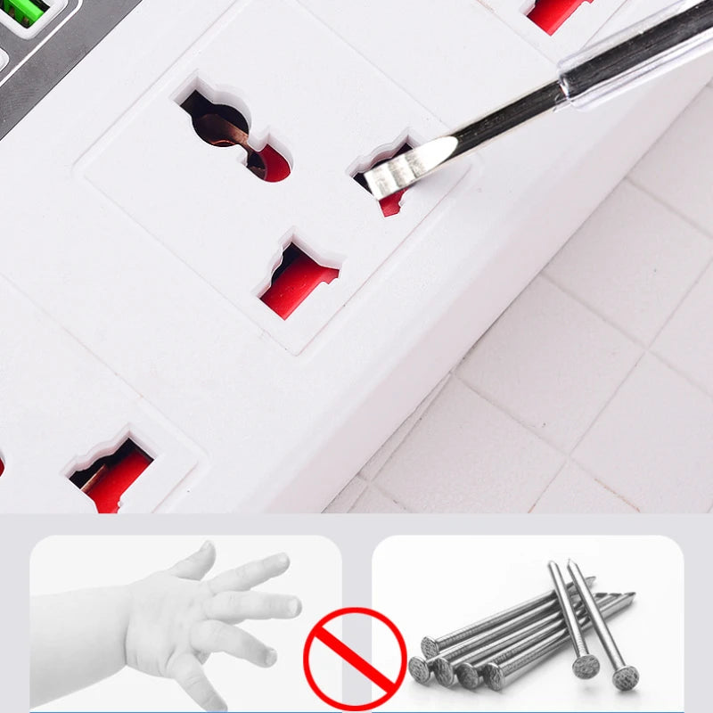 2M Extension Cord Power Strip For Office Home EU UK US Plug Universal Socket 2500W Overload Protection With 5 USB 1 Type C Ports