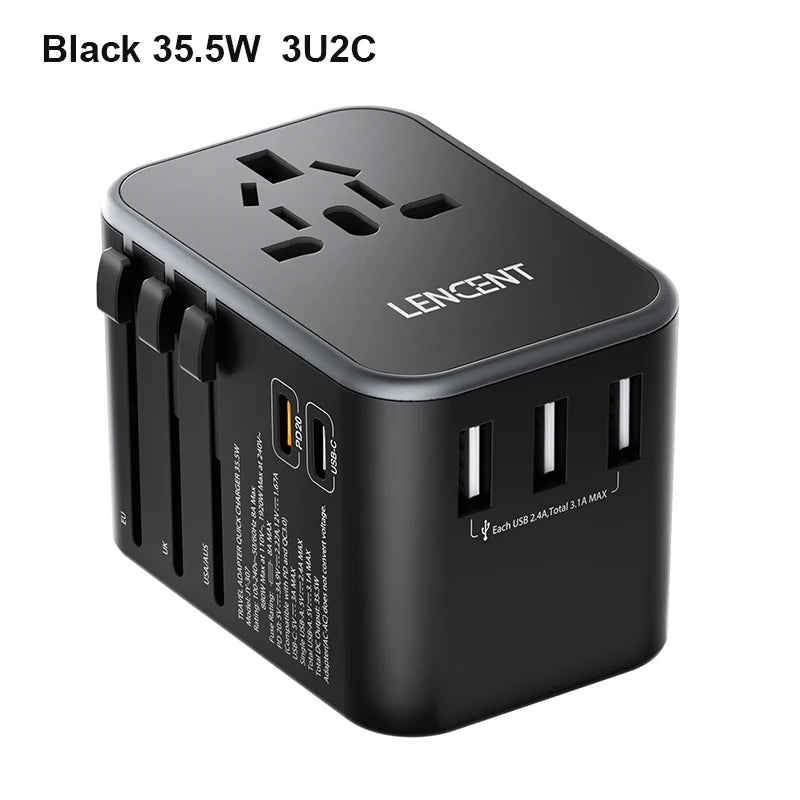 LENCENT 65W GaN Universal Travel Adapter with 2 USB Ports 3 Type C Fast Charging Power Adapter EU/UK/USA/AUS plug for Travel