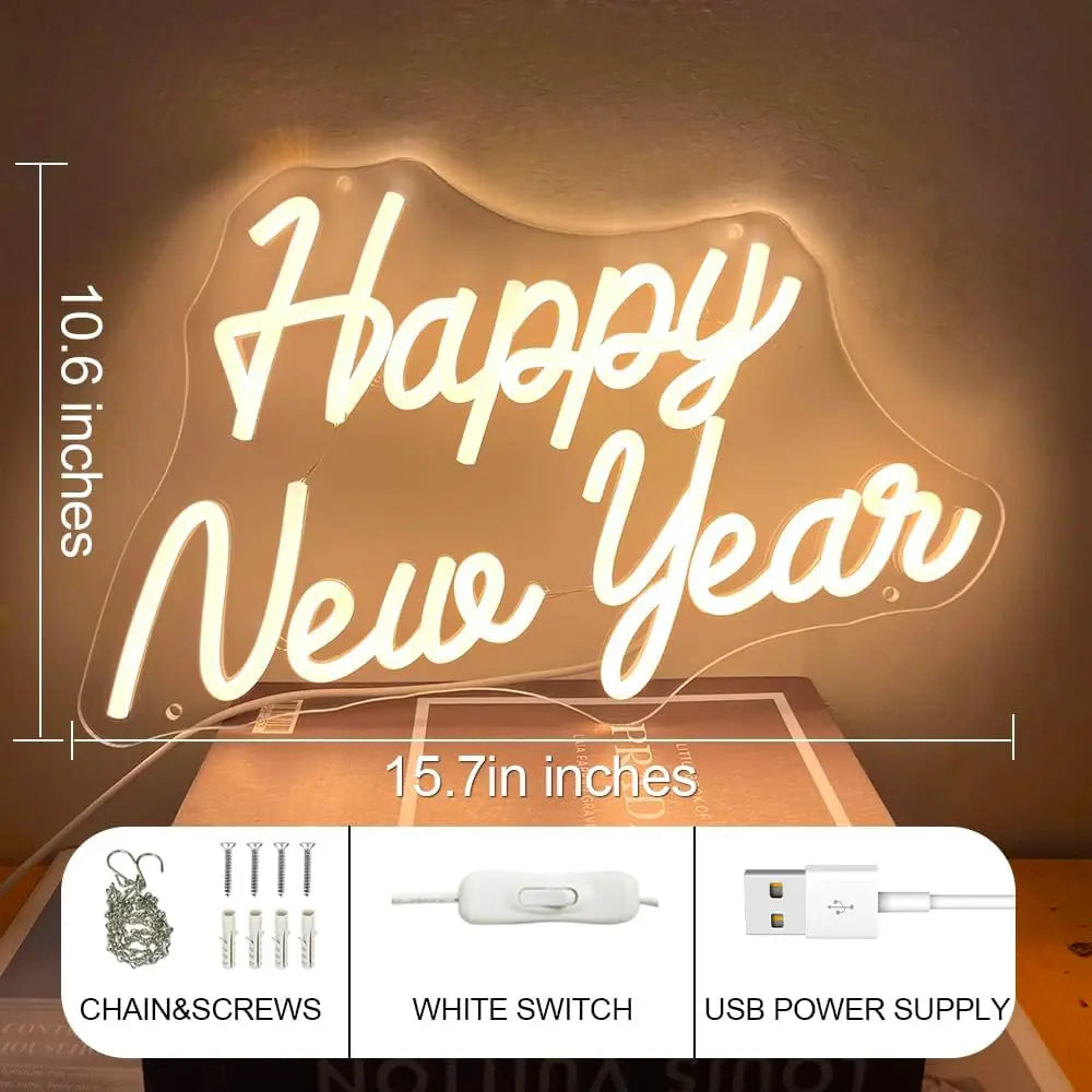 Happy New Year 2025 Neon Led Sign Warm Letter Lights Room Decoration Bedroom Party Bar Club Shop Dimmable Wall Light Up Signs