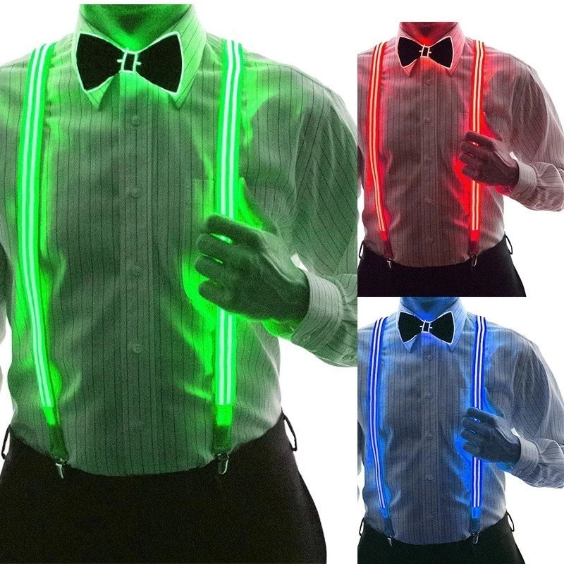 Men&#39;s LED Suspenders Luminous Costumes Light Up Bowtie, Burning Man Costume Party Perfect for Music Festival Party