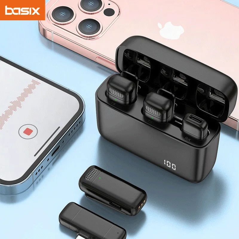 Basix 2.4G Wireless Stereo Lavalier Microphone with charging case for Live Interview Outdoor Mini Noise Cancelling Lapel Mic - Stereotech