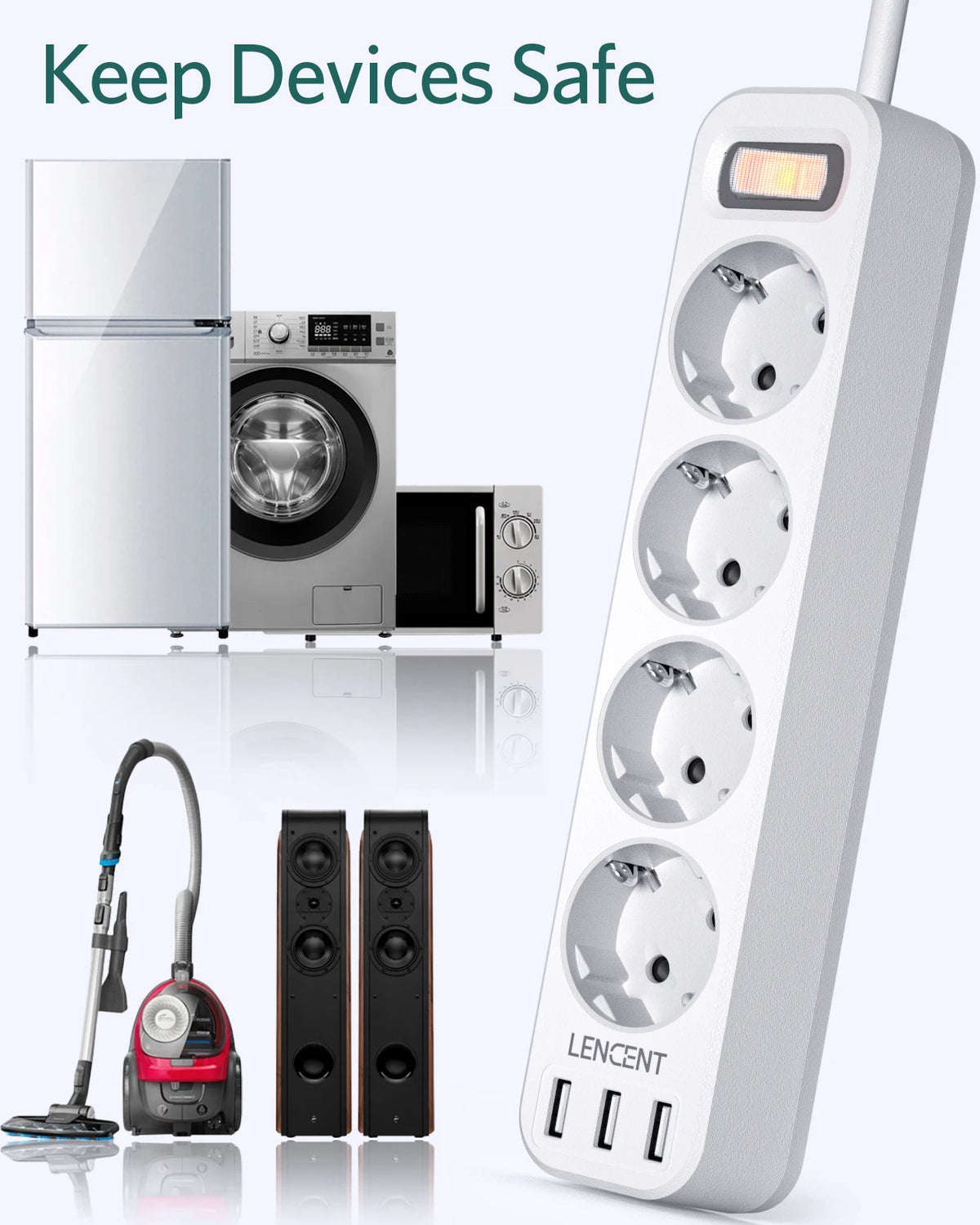 LENCENT EU Power Strip with 4 Outlets and 3 USB Ports 5V/2.4A  4000W 7 in 1 Multiple Socket with On/Off Switch 1.5M Cable Socket