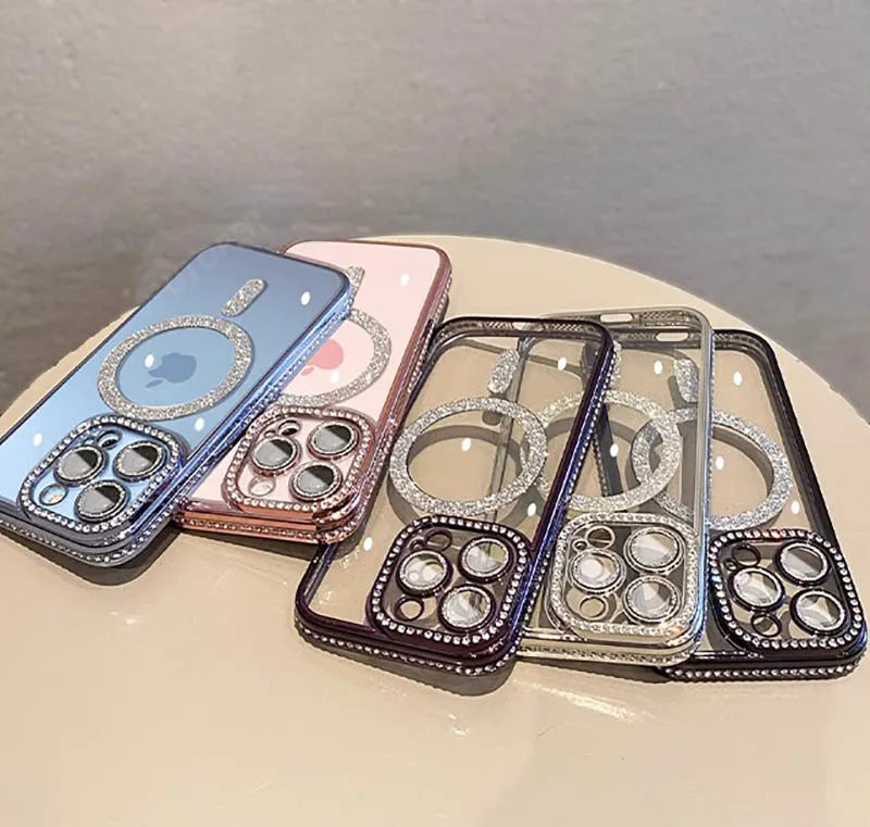 Luxury Magsafe Magnetic Wireless Charging Phone Case For IPhone 11 12 13 14 15 Pro Max Plus New Diamond Lens Protection Cover