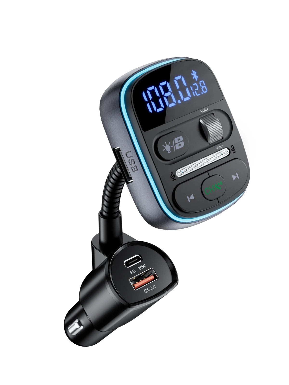 LENCENT Bluetooth 5.0 FM Transmitter Car Adapter with PD 30W &amp; QC3.0 Fast Charger Hi-Fi Music Clear Calling Adapter Car K