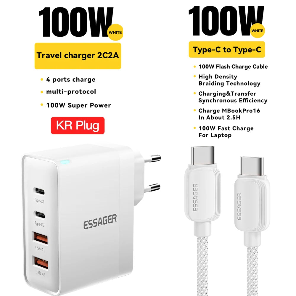 Essager 100W USB Type C Charger 65W PD Quick Charge4.0 3.0 Type-C Fast Charging For iPhone 16 15 14 13 Pro Xiaomi Macbook Laptop