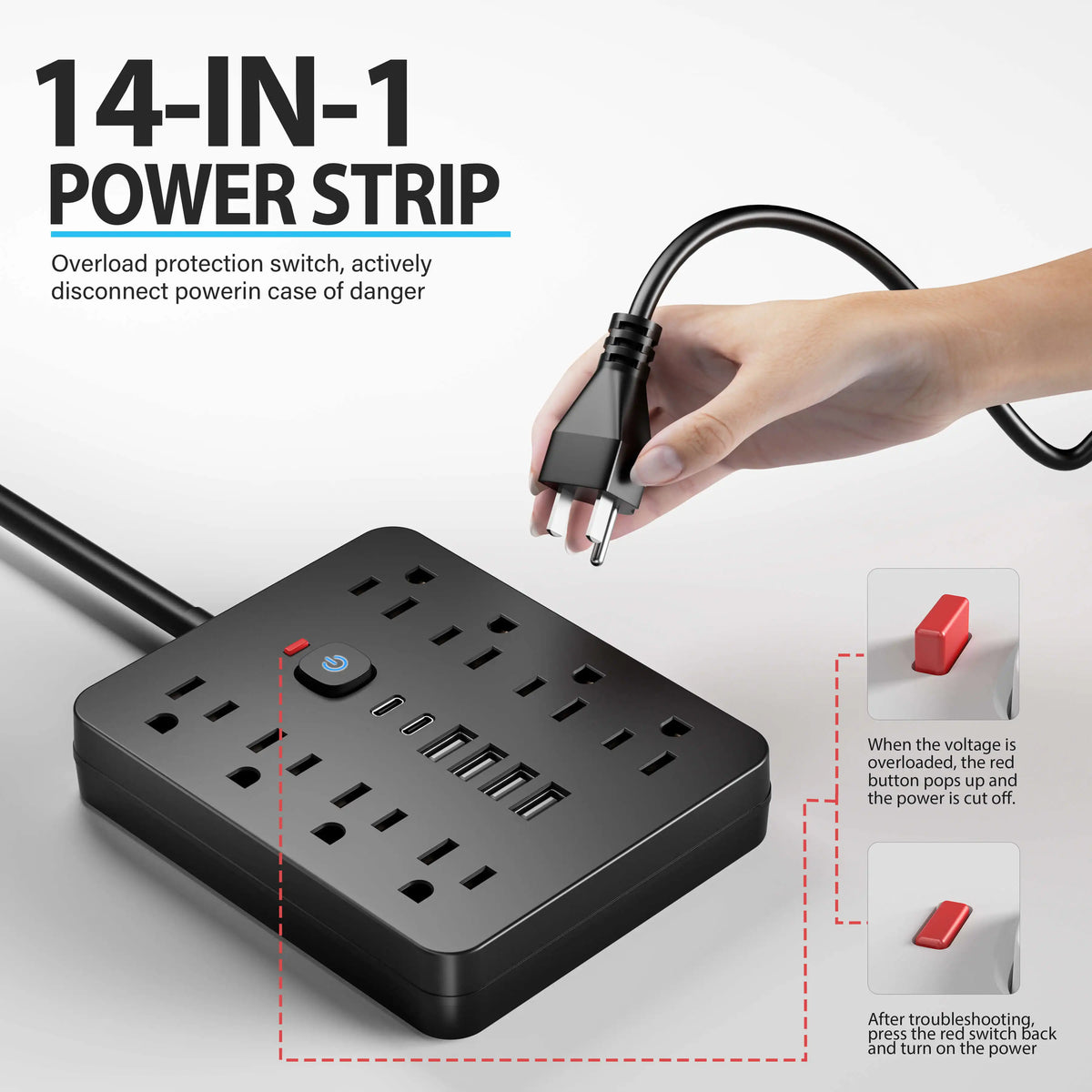 14-in-1 US Power Outlet, Extension Cord, 5ft Corded Power Outlet Surge Protector, 8 AC Outlets, 4 USB 2 Type-C, Desktop Charging