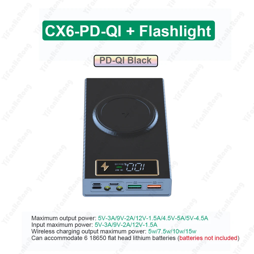 6 PCS 18650 Power Bank Case Wireless Fast Charge QC3.0 For Phone Charging Welding-free DIY Battery Storage Boxes