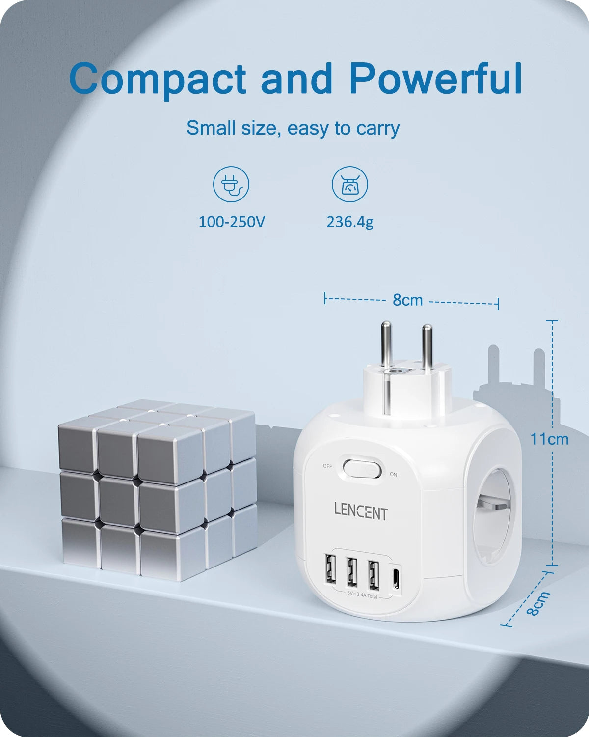 LENCENT EU Plug  Wall Socket Extender with 4 AC Outlets+3 USB +1 Type C 5V/3A Charger Adapter 8-in-1 Socket On/Off Switch