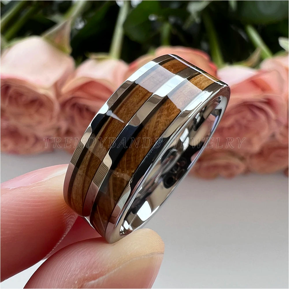 8mm Men&#39;s Women&#39;s Ring Tungsten Wedding Band Couple&#39;s Fashion Jewelry Whisky Barrel Wood Inlay Polished Shiny Comfort Fit