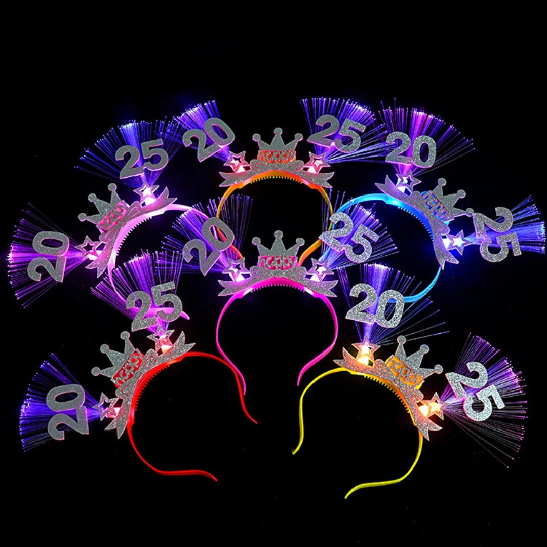 2025 Happy New Year LED Glow Headband Kids Adults Optic Fiber Light Up Hair Bands Glow Sticks Rave Nightclub Party Cheer Props