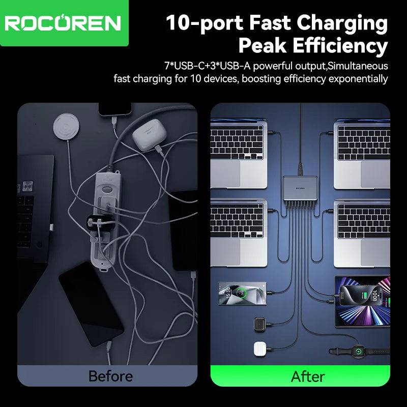 Rocoren 400W 10 Ports GaN Desktop Charger Fast Charging Power Station USB C Type C Quick Charging For iPhone16 15 Pro Samsung