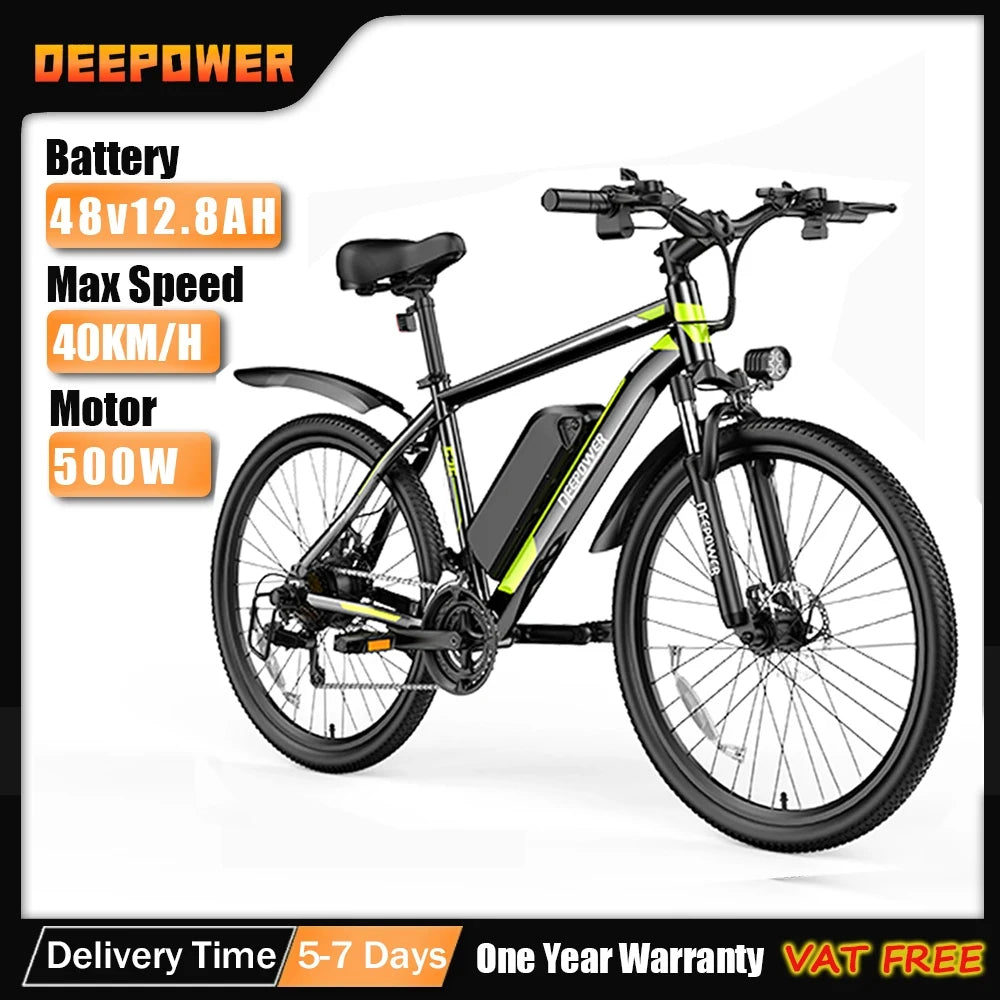 DEEPOWER   500W Adults Ebike Electric Bike  48V 12.8AH Lithium Battery 26 Inch Fat Tire Electric E Bikes Mountain Ebikes