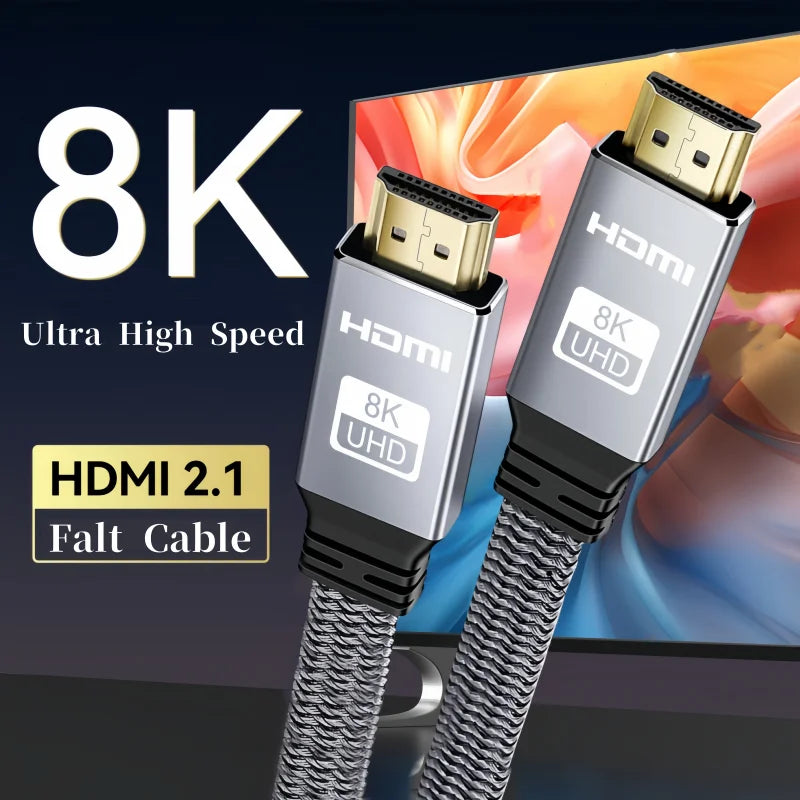 8K HDMI Flat Cable 48Gbps High Speed 8K60 4K120 144Hz Braided HDMI 2.1 Cord 3D eARC HDCP 2.2&amp;2.3 Compatible with Roku TV/PS5