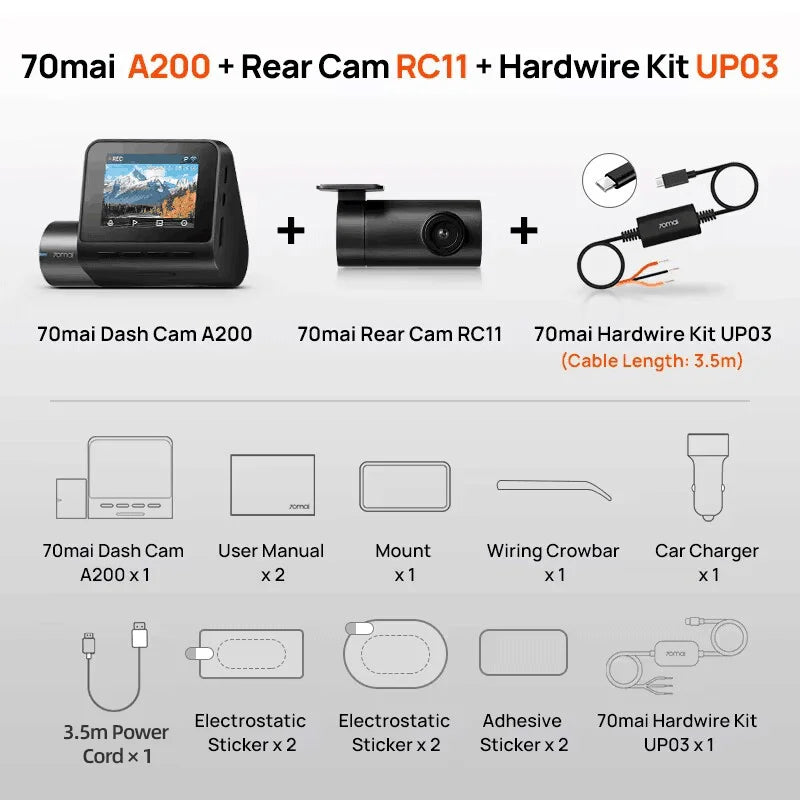 Global 70mai Dash Cam A200 Dual-channel Record 1080P HDR 2&#39;&#39; IPS Screen 24H Parking Monitor 70mai Car DVR A200 WIFI APP 130° FOV