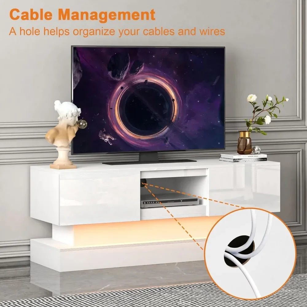 White LED TV Stand - Modern TV Stand with Led Lights and Storage Drawers for TVs up to 55 Inch - Gaming TV Entertainment Stand