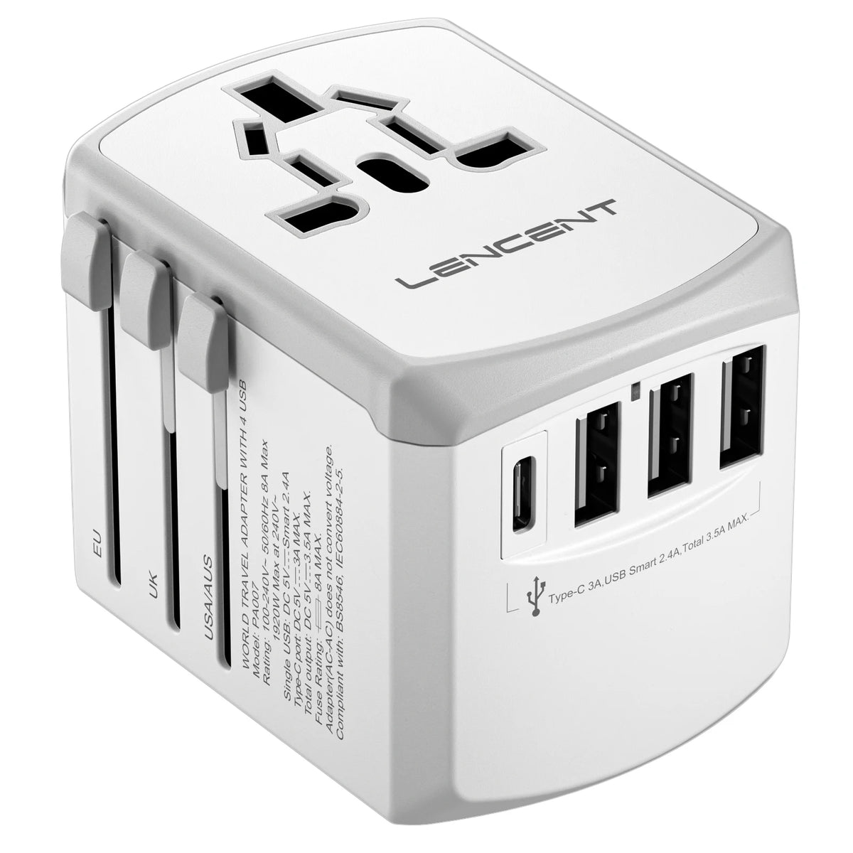 LENCENT International Travel Adapter All-in-one Travel Charger with 3 USB Port and 1 Type C Wall Charger for US EU UK AUS Travel