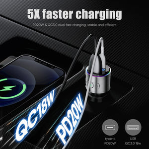 LENCENT Bluetooth 5.3 FM Transmitter Full Metal Bluetooth Car Adapter with PD 20W & QC3.0 Fast Charger Hi-Fi Music Adapter