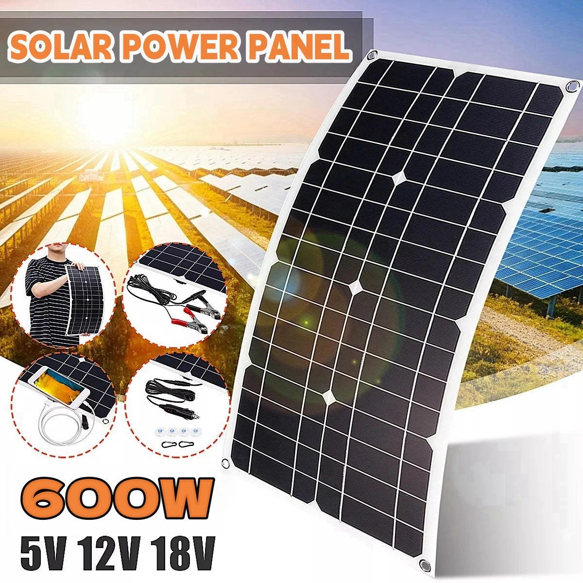 600W Solar Panel 18V Solar Kit Dual USB 12V/5V DC Single Crystal Flexible Solar Charger Suitable For Automotive RV Batteries - Stereotech