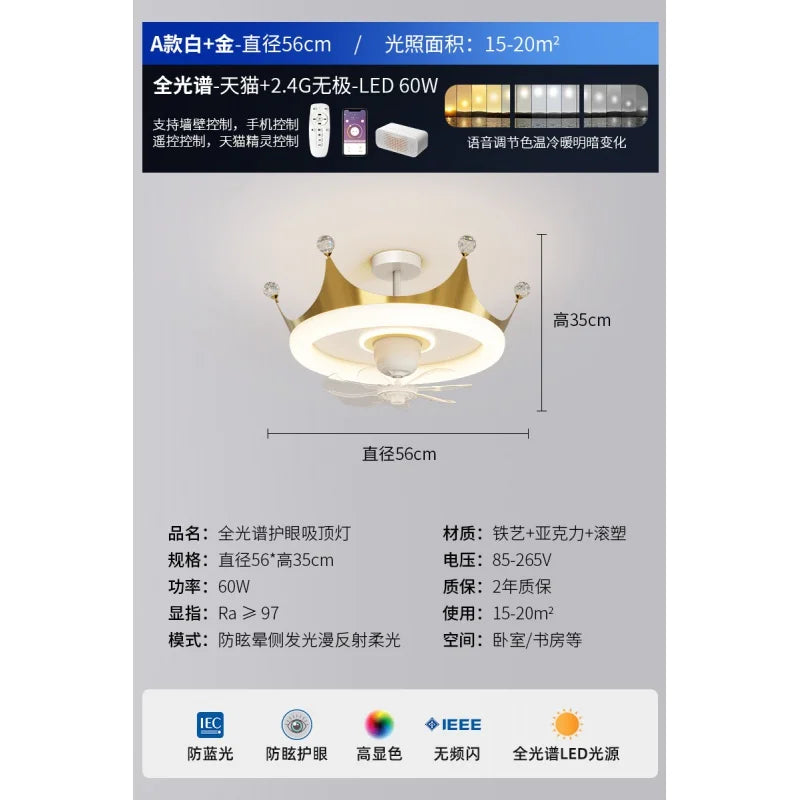 Full Spectrum Eye Protection Electric Fan Ceiling Light Bedroom Light Simple Children&#39;s Princess Room Girl&#39;s Room Crown Electric