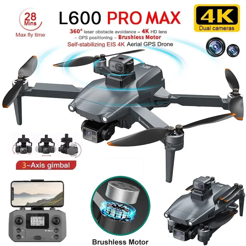 L600 PRO MAX Drone 4K Three-Axis PTZ HD Dual Camera Laser Obstacle Avoidance Brushless Motor GPS 5G WIFI RC FPV Quadcopter Toys - Stereotech