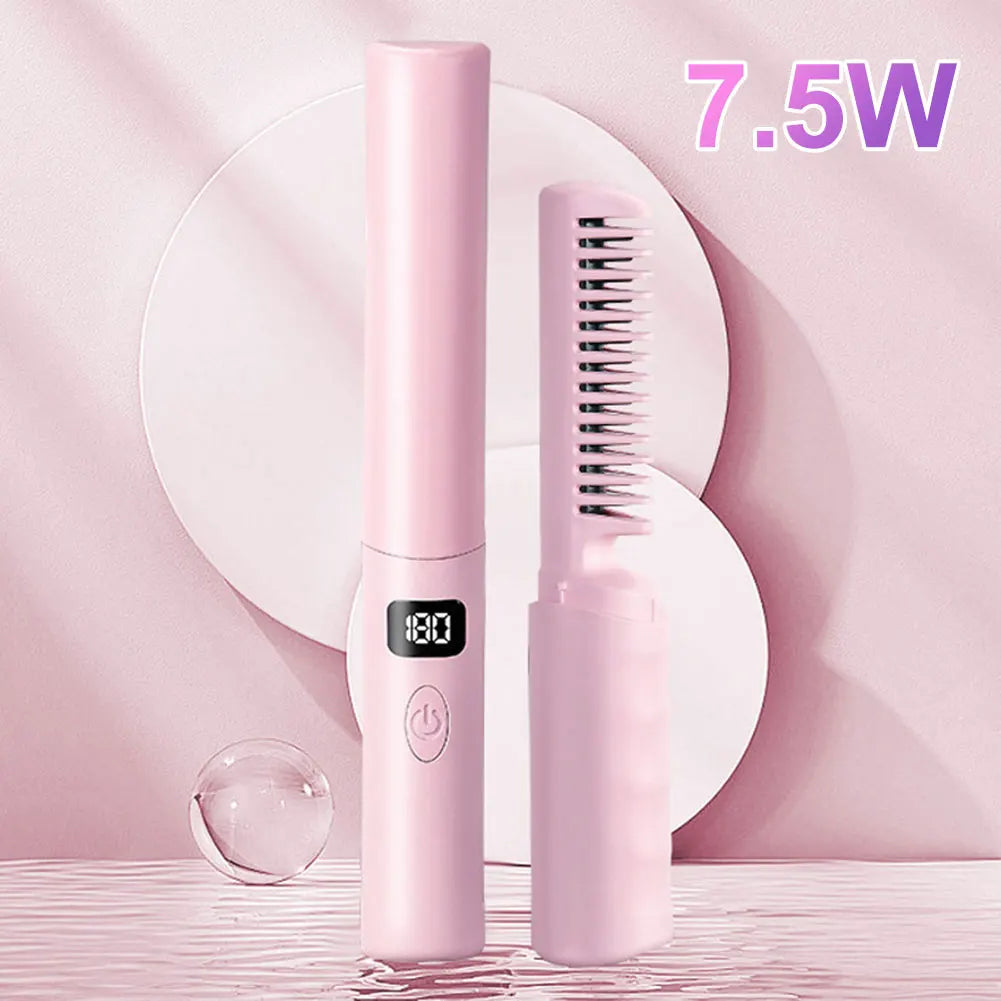 Portable Hair Straightener Brush Wireless Hair Straightening Comb Anti-Scald Smooth Frizzy Hair Fast Heated Mini Hot Air Comb - Stereotech