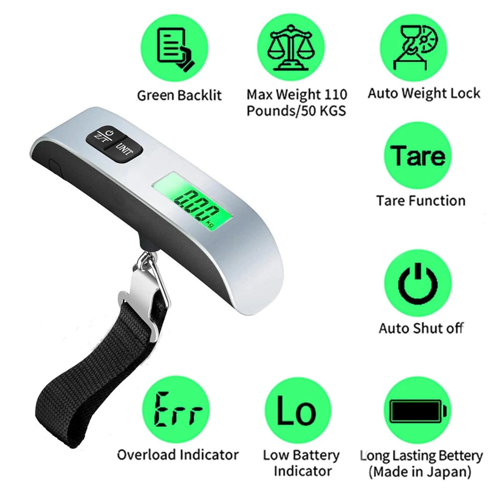 Digital Luggage Scale 110Lb/50Kg Hanging Baggage Scale LCD Display Portable Suitcase Weighing Scale Travel Luggage Weight Scale - Stereotech