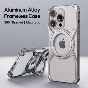 Magnetic Metal Aluminium Alloy Frameless Phone Case For iPhone 14 13 15 Pro Max 360° Stand Rimless Bumper Shockproof Metal Cover