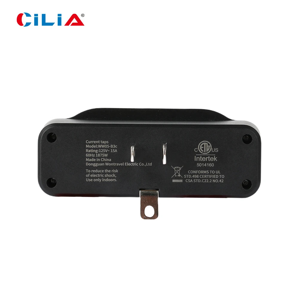 CILIA 3 Outlet Extender Grounded Wall Adapter,outlet splitter,us plug,3AC,125V,15A,1875W，white/black,for home,office electrical