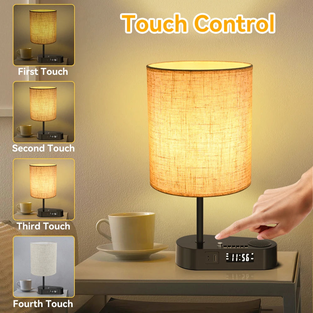 Bedside Table Lamp with Bluetooth and Alarm Clock Function Fabric Music Player Table Lamp Three Color Adjusted for Living Room