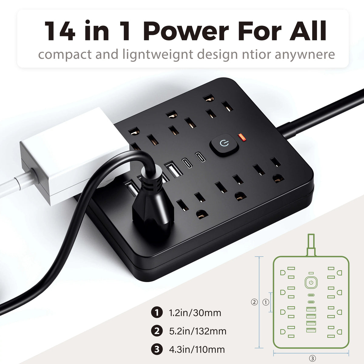 14-in-1 US Power Outlet, Extension Cord, 5ft Corded Power Outlet Surge Protector, 8 AC Outlets, 4 USB 2 Type-C, Desktop Charging