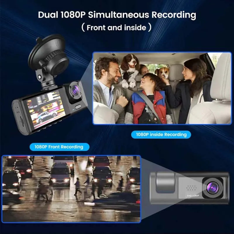 Dash Cam 1080P Car Video Recorder W/ IR Night Vision Loop Recording &amp; 2&quot; IPS Screen 1080P 3 Camera Black Box