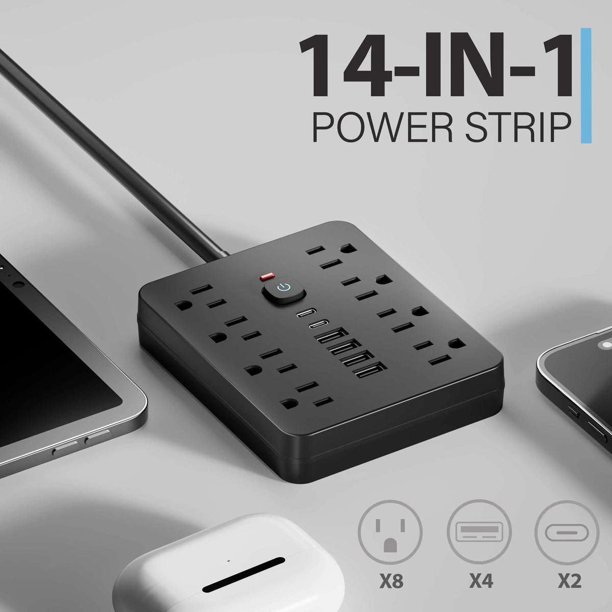 14-in-1 US Power Outlet, Extension Cord, 5ft Corded Power Outlet Surge Protector, 8 AC Outlets, 4 USB 2 Type-C, Desktop Charging
