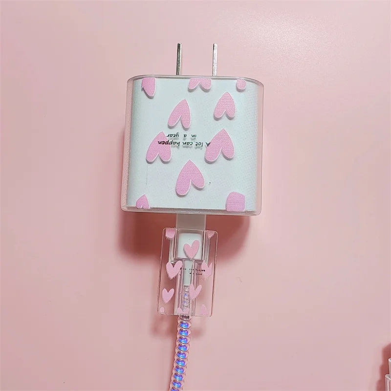 Pink Girls&#39; Heart Charger Protective Case For iphone US 20W Fast Charger Protection Box Cover Data Line Winder Spiral Protective - Stereotech