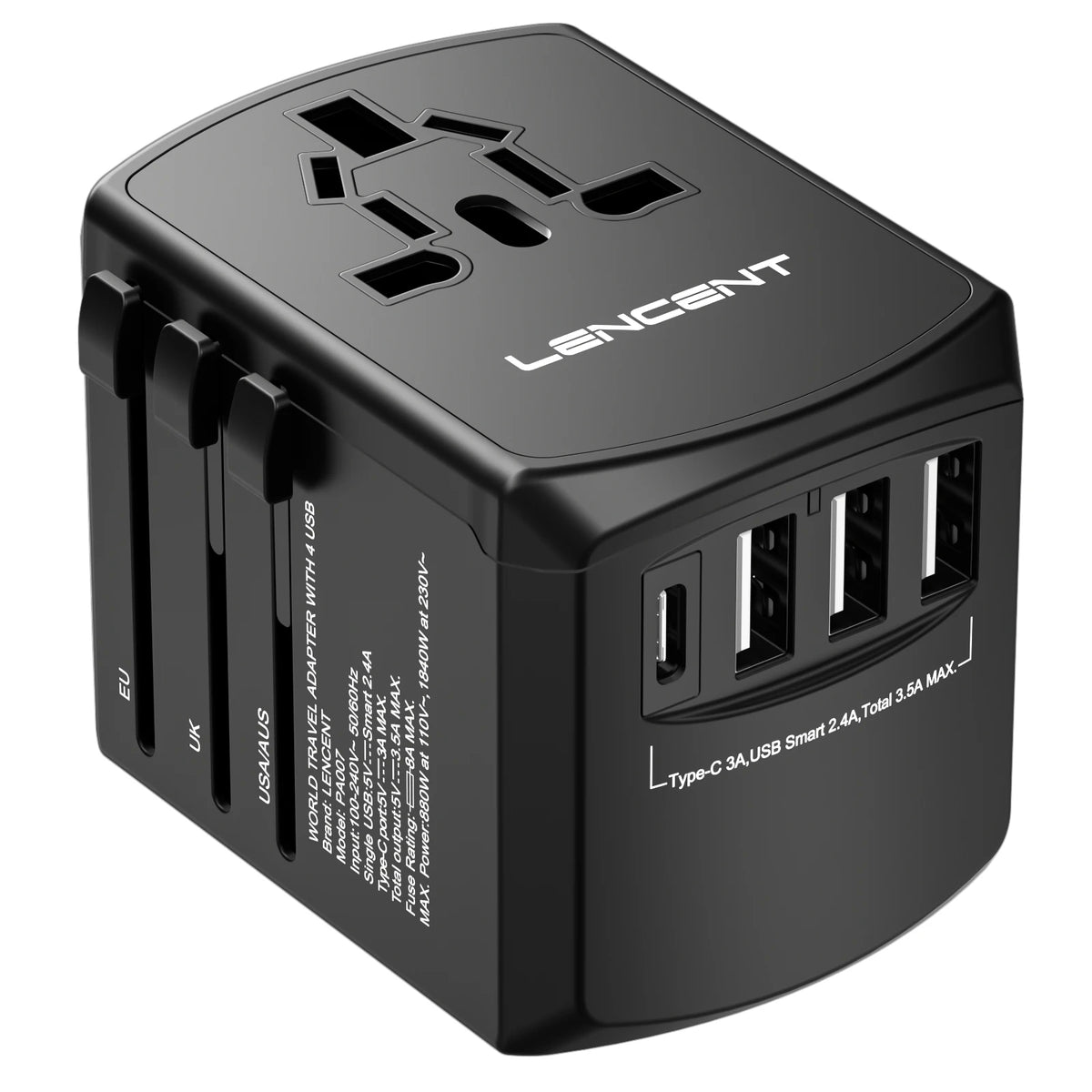LENCENT International Travel Adapter All-in-one Travel Charger with 3 USB Port and 1 Type C Wall Charger for US EU UK AUS Travel