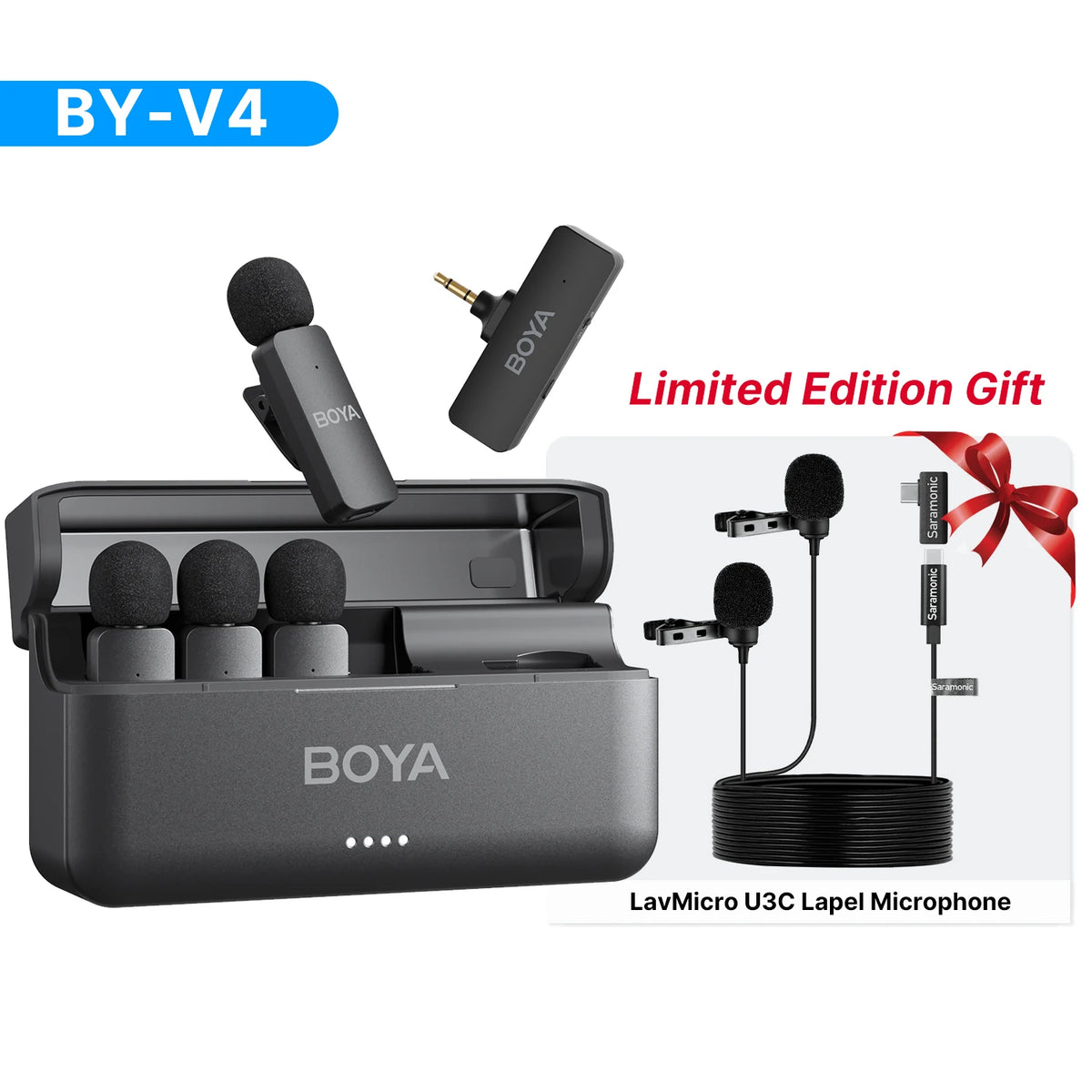 BOYA BY-V4 Four-channel Wireless Lavalier Microphone for iPhone 15 Series Type C Smartphone Lapel Mic for Youtube Recording Vlog